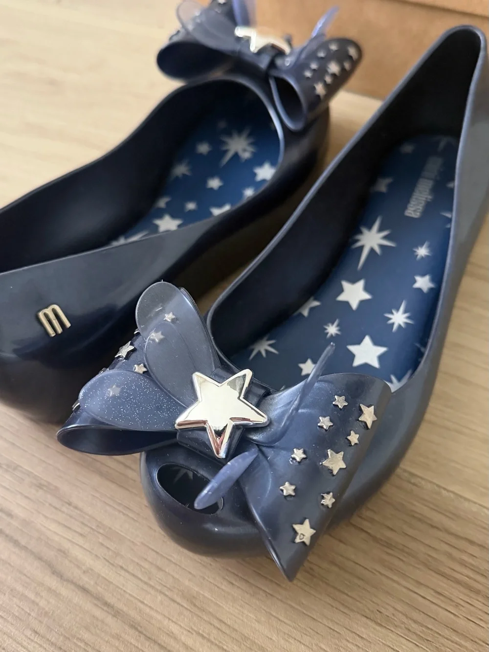 Mini Melissa Ultragirl Navy Metallic Blue Jelly Flats with Silver Star Accents